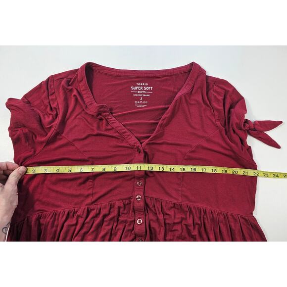 Torrid 2 (2X) soft knit red button up babydoll blouse tie arm summer casual - Picture 4 of 5